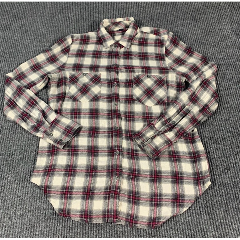 True Religion Shirt Women Small Gray Plaid Button Up Flannel Pockets Soft Casual